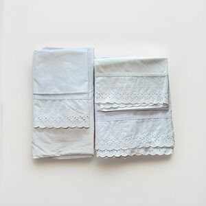 VTG Dan River Twin Sheet‎ Set – 1 Flat, 1 Fitted, 2 Cases Blue Eyelet Lace USA